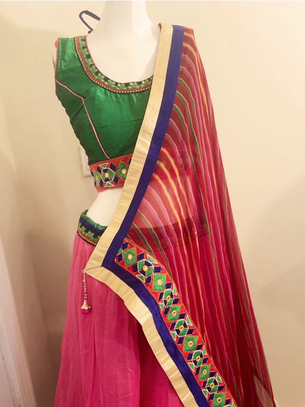 Traditional Pink & Green Lehenga Skirt with Embroidered Border